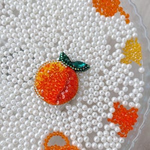 Orange fruit beaded brooch_Citrus jewelry_Orange flowered glitter pin_fruit accessory and gift