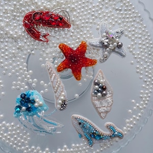 Sea Life Brooch_Beaded brooches Shrimp Starfish, Seashell, Blue Whale, Jellyfish