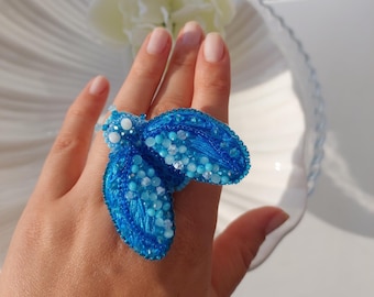 Blue Crystal Cicada Brooch: Hand-Embroidered Insect Pin