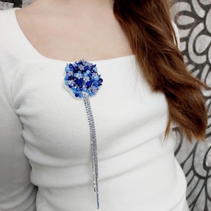 Unique Beaded Brooch Forget-me-not_Brooch with long chains_Jewelry Forget-me-not
