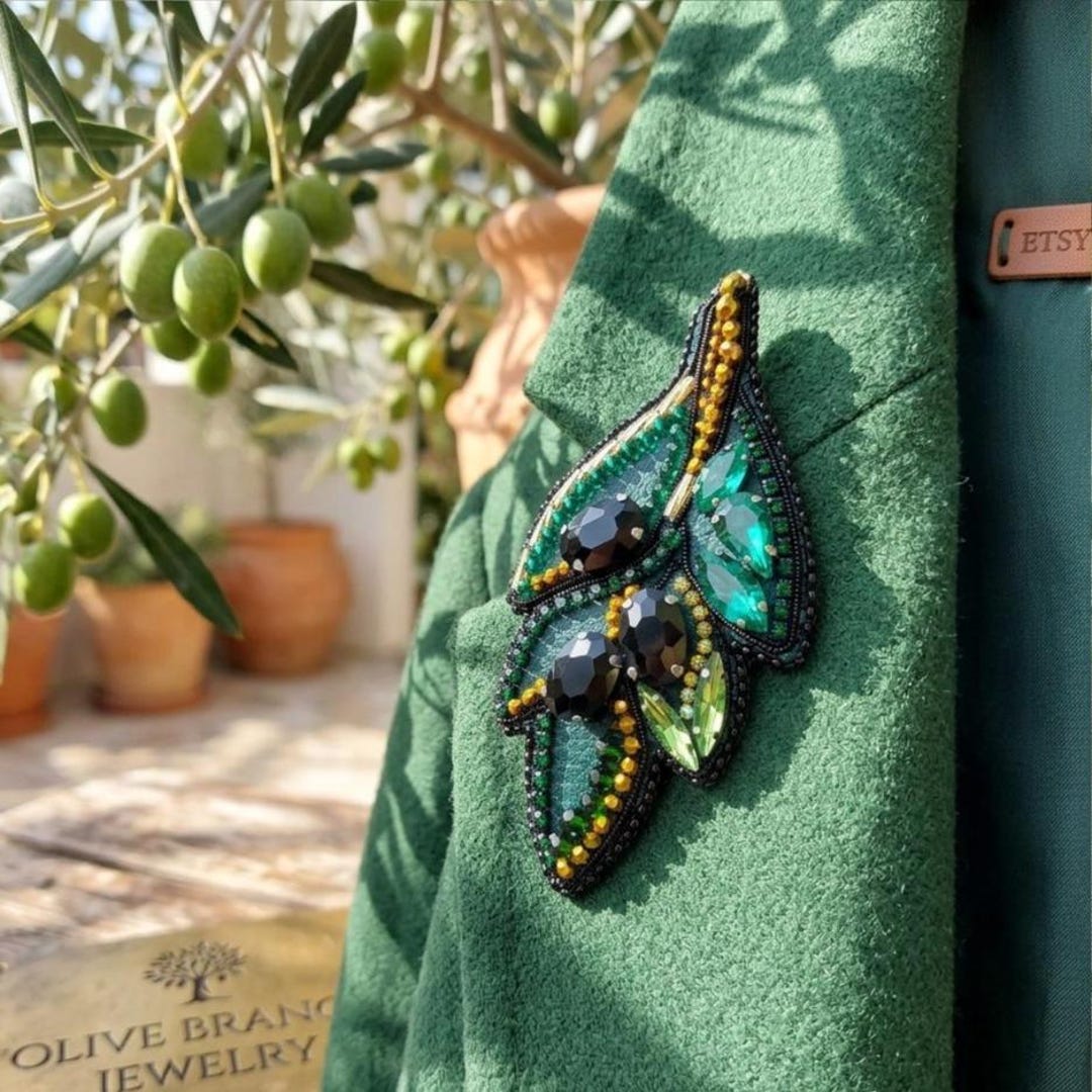 Olive Branch Brooch Pin, Symbol of Peace Gift, Emerald Green Beaded ...