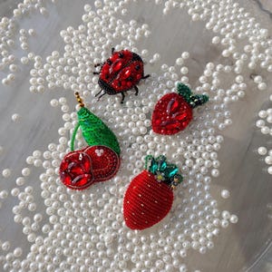 Red Berry Beaded Brooch: Crystal Strawberry Cherry Embroidered Jewelry