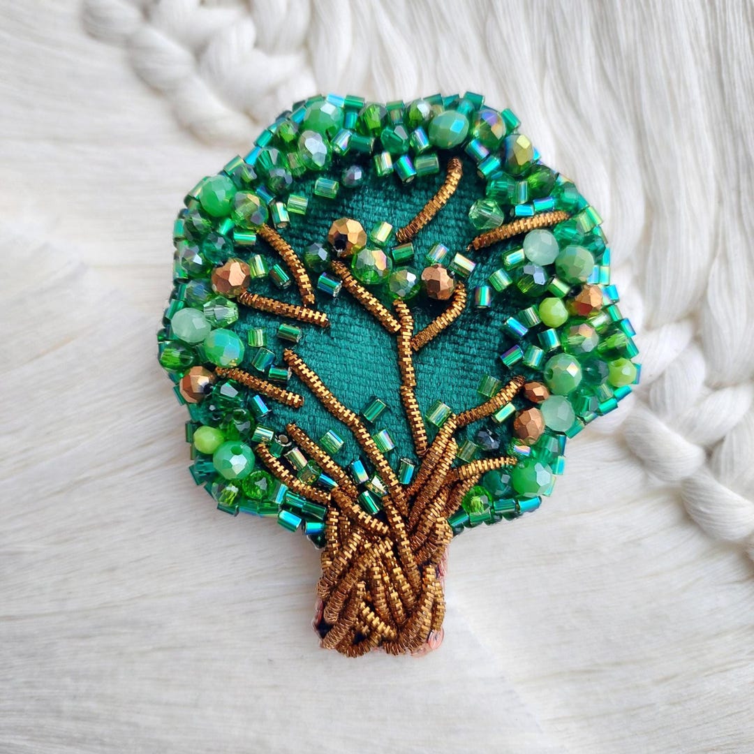 Emerald Green Tree of Life Brooch, Swarovski Crystal Beaded Pin ...
