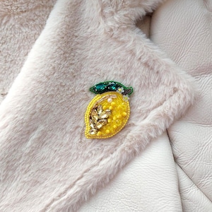 Embroidered lemon beaded brooch_garden flower gift_embroidery fruit brooch_nature lover gift for mother day_gifts for grandma