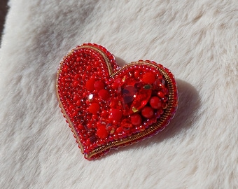 Red heart brooch pin, valentine brooch, elegant brooch, Beaded Embroidery for Lovers