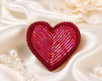 Beaded red heart boho brooch, Brooch for women, Valentine's gift, Gift for wife, Embroidered red heart brooch, Unique Beaded Valentine Gift