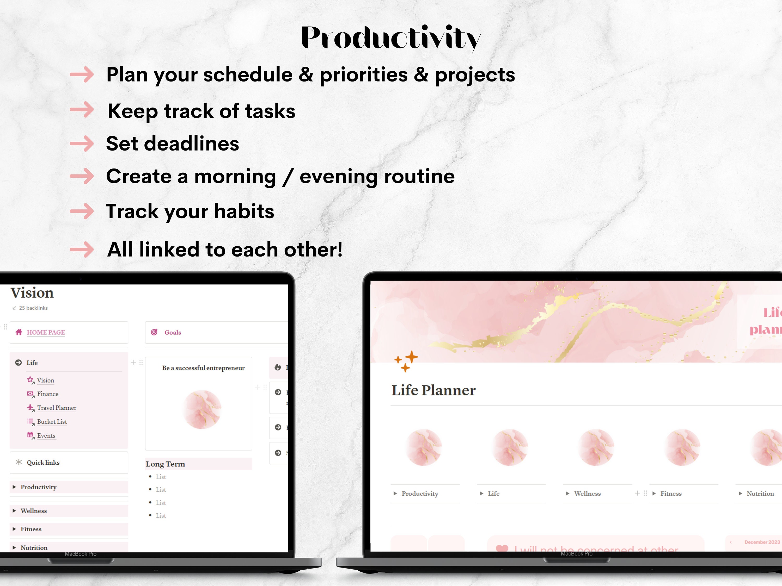 Notion Life Planner, Pink, Marble, Notion Template, Notion Dashboard