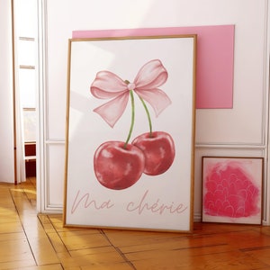 チェリーボウポスター • Ma Chérie ガーリーウォールアート • レッドチェリーポスター • コケットルーム装飾 • デジタルプリント • ローズボウデザイン • 水彩プリント