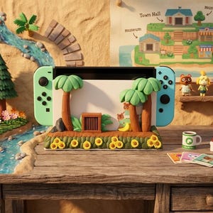Könnte beinhalten: Eine Nintendo Switch-Dockingstation im Animal Crossing-Design mit einem modellierten Insel-Sockel, Palmen, Sonnenblumen und einer Holzkiste. Die Dockingstation ist von hellgrünen und blauen Joy-Con-Controllern flankiert und zeigt eine Grafik.