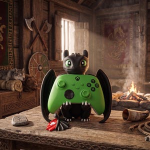 Puede incluir: Una figura de dragón negro sosteniendo un mando de Xbox verde. El dragón tiene grandes alas negras y ojos verdes. El mando tiene el logotipo de Xbox y las etiquetas de los botones. La escena está ambientada en un interior rústico de madera.