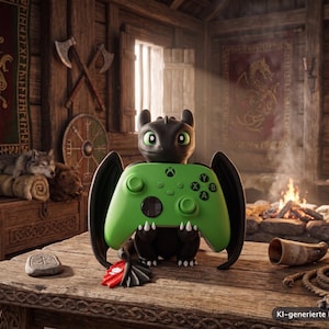 May include: A black dragon figurine with large green eyes holding a bright green video game controller. The controller features a directional pad, two analog sticks, and four action buttons labeled A, B, X, and Y. The dragon has black wings.
