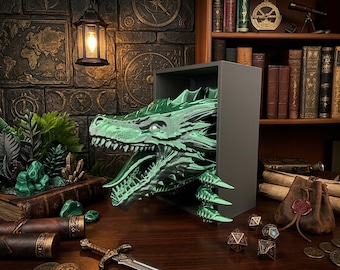 3D-printed Dragon Book Corner – Fantasy Bookend, Dragon Head with Two Claws, Shimmering Green and Black for Bookworms, Bookend Shelf
