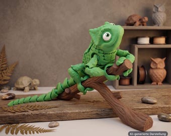 3D-printad rörlig kameleont på en gren – Unik dekoration för hemmet