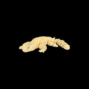 May include: A detailed illustration of a light tan gecko with blue eyes, set against a black background. The gecko's textured skin and segmented tail are clearly visible, showcasing a realistic design.