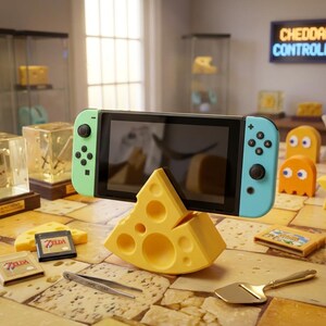 Nintendo Switch-houder – 3D-geprinte kaasvormige standaard, leuk cadeau voor gamers en kaasliefhebbers.
