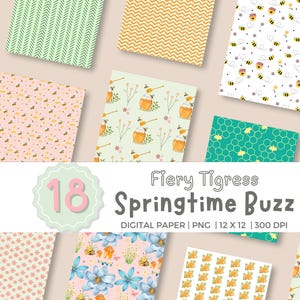 SPRINGTIME BUZZ and Geometric Backgrounds Printable Digital Papers - Instant Download - Soft Pastel Florals, Honey Bees, Geometrics