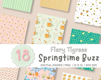 Springtime Honey Bee Digital Paper: Floral Geometric Patterns (PNG, 12x12, 300 DPI) -- Digital Download -- Commercial use ok