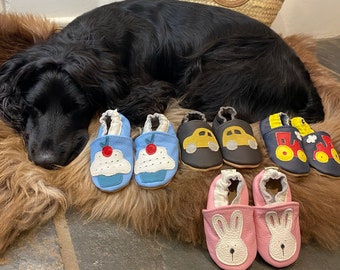 Baby leather slippers, shoes. Soft leather booties. First shoes for babies. Perfect Christmas baby gift and new mums.