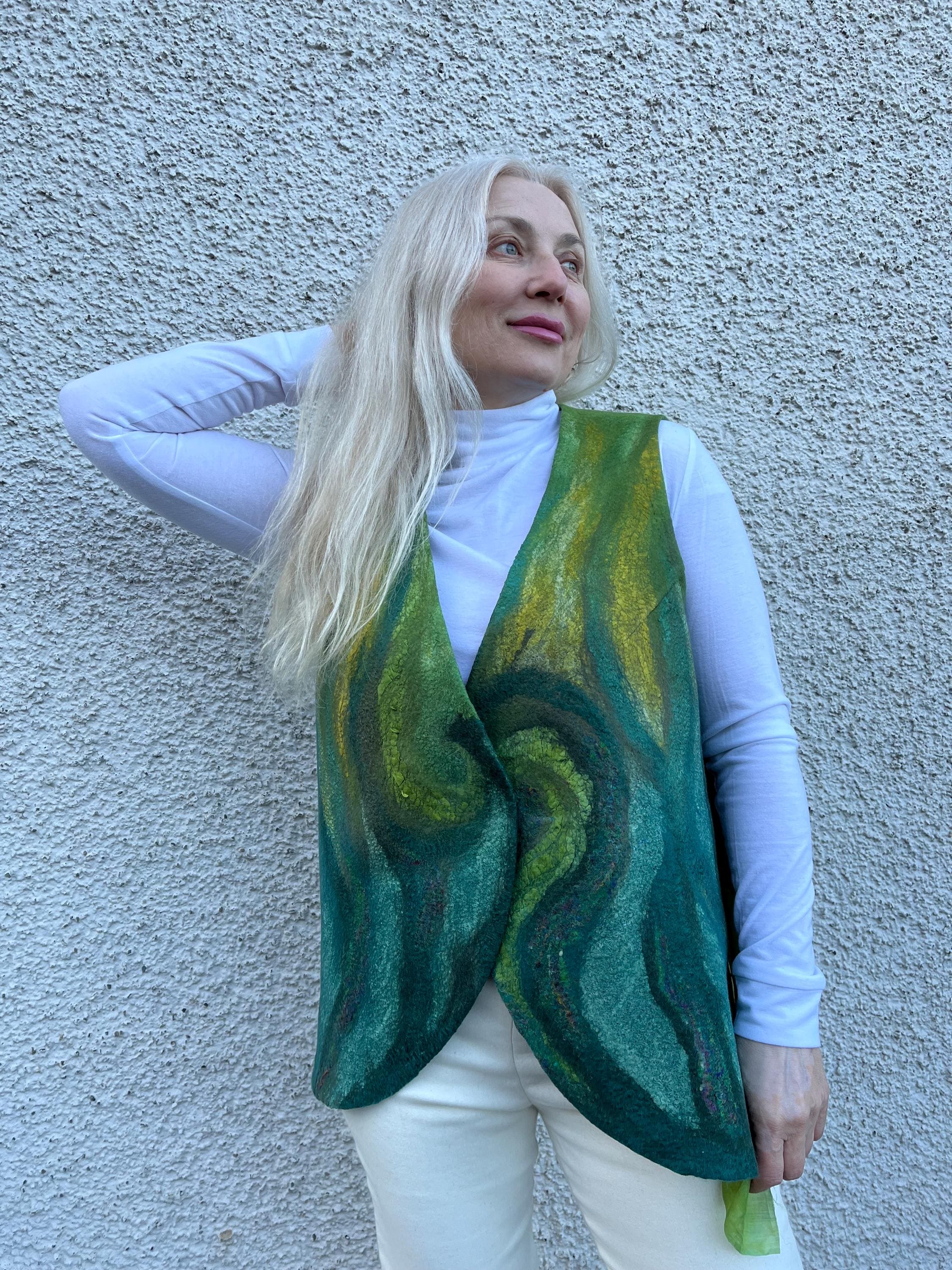 Felting Custom Vest Green Vest Wearable Art Felting Vest Woman NUNO felt vest Personalized vest Grey woman vest Abstract vest