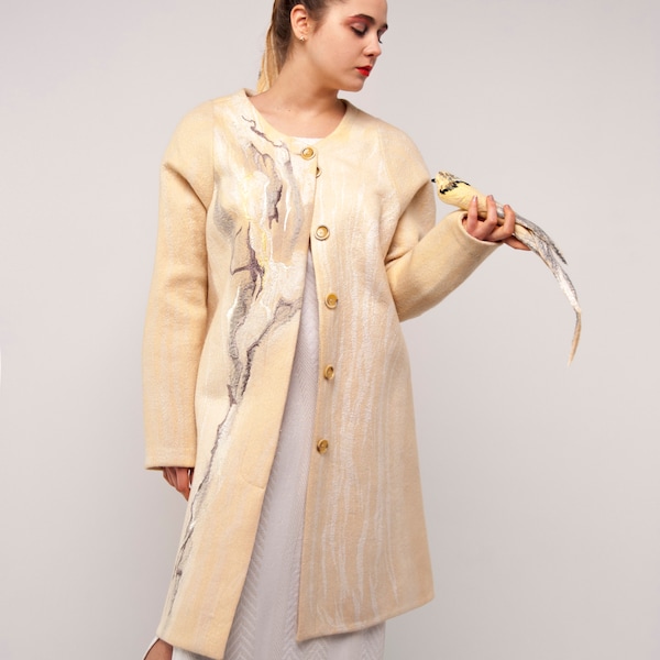 Felting Embroidered coat Minimalism Wearable Art Felt Couture Woman Coat