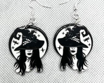 Beautiful Black and White Witchy Magical Woman Acrylic Earrings