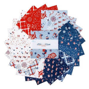 May include: A collection of fabric squares in red, white, and blue, featuring patriotic patterns like flags, fireworks, and stars. The fabric bundle is labeled "Stars...Forever".