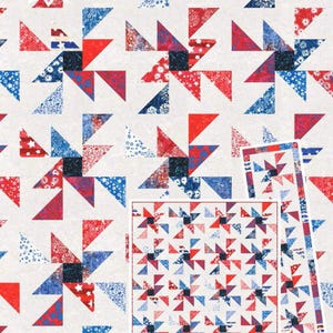 May include: A quilt pattern titled "Liberty Spin" featuring a repeating pinwheel design in red, white, and blue. The pattern includes a smaller version of the design and the "Blooming Boldly Designs" logo. The pattern is 5" square friendly.