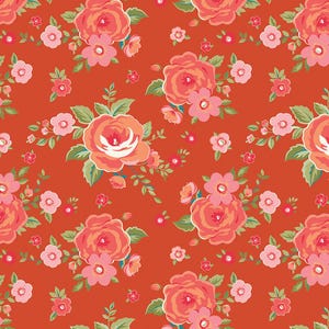 May include: A floral pattern featuring large, coral-colored roses and smaller pink flowers with green leaves on a red-orange background. The design is a repeating pattern of blooms and foliage.