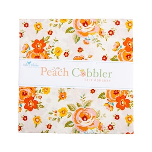 May include: A stack of fabric squares with a floral pattern. The fabric features large orange and yellow roses, smaller red and yellow flowers, and green leaves on a white background. The text "Peach Cobbler" is printed on a white band.