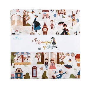 May include: A Spoonful of Sugar fabric squares by Riley Blake Designs. The fabric features a whimsical design with illustrations of characters, carousel horses, and London landmarks. The color palette includes white, blue, pink, and brown.