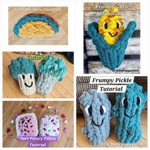 Puede incluir: Cuatro imágenes que muestran diferentes juguetes de peluche tejidos a crochet. La primera imagen muestra un juguete de peluche taco amarillo y azul. La segunda imagen muestra un juguete de peluche maíz en la mazorca verde. La tercera imagen muestra dos juguetes de peluche brócoli verdes. La cuarta imagen muestra dos juguetes de peluche, uno rosa y uno blanco, con forma de pastel con relleno. Cada imagen incluye el texto "Frumpy" y el nombre del juguete, seguido de "Tutorial" y el texto "by @thefrumpywitch".