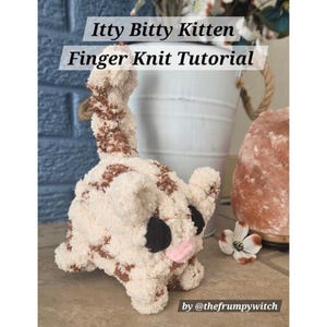 May include: A handmade, finger-knitted kitten in cream and brown. The kitten has black eyes and a pink nose. The image includes text that reads "Itty Bitty Kitten Finger Knit Tutorial" and the creator's handle, "@thefrumpywitch".