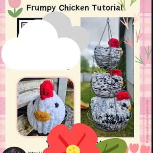Könnte beinhalten: Eine Häkelanleitung für die Herstellung eines weißen, flauschigen Huhns mit rotem Kamm und gelbem Schnabel. Das Tutorial heißt "Frumpy Chicken Tutorial" und ist auf der Website "The Frumpy Witch" verfügbar.