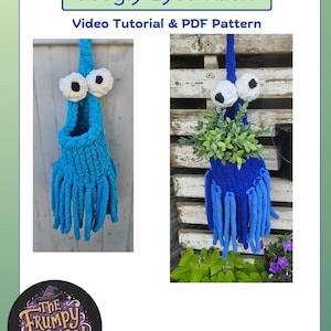 May include: Finger knit googly eyed alien planter with a video tutorial and PDF pattern. The alien is blue with white googly eyes and a plant is growing out of the top.