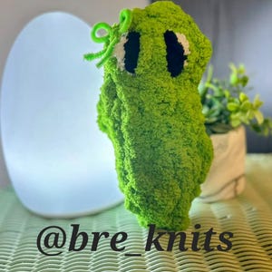 May include: A handmade, green, plush creature with black eyes and a green pipe cleaner accent. The text "@bre_knits" is displayed at the bottom of the image. The plush toy is made of a soft, textured material.