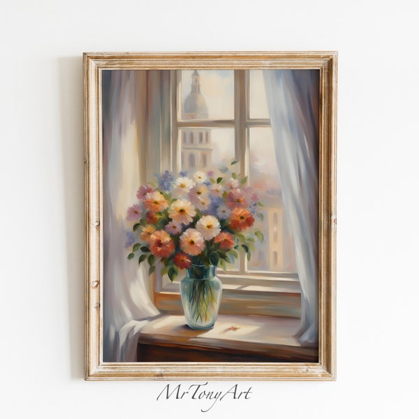 Digital Print, Flowers In A Vase On The Window, Download High Quality, Wall Art, Vintage, Oil Painting, Printable, 5 Different Sizes #38