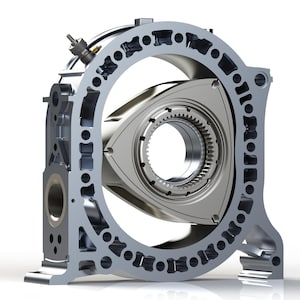 Könnte beinhalten: Detaillierte, metallisch silberne Kreiskomponente eines Motors. Der Motor verfügt über einen dreieckigen Rotor in einem kreisförmigen Gehäuse mit komplizierten Zahnrad- und Anschlussdetails. Das Design zeigt Präzisionstechnik und mechanische Komponenten.