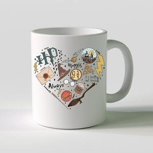 May include: White ceramic mug with a heart-shaped design featuring Harry Potter illustrations. The design includes the Hogwarts logo, a golden snitch, a sorting hat, and the word "Always". The mug has a white handle.