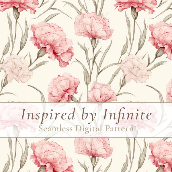 Pink Carnation Seamless Digital Pattern | Vintage Botanical Pink Dianthus Motif Repeating Design