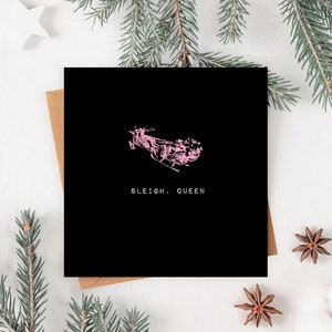 Schlitten Weihnachten Wortspiel, lustige Weihnachtskarte, Weihnachtskarte für sie, Santa Schlitten, Schlittenkönigin, Weihnachtskarte für Mutter, rosa Weihnachtskarte