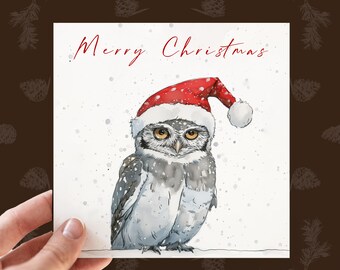 Cartão de Natal personalizado com coruja da neve, cartão de coruja para amantes de pássaros, cartão de Natal personalizado com coruja de vida selvagem para ele para namorado