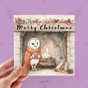 Carte de Noël personnalisée hibou des neiges, cartes de Noël personnalisées hibou pour les amoureux des animaux de la forêt, cartes de chouette effraie des clochers pour lui, carte de voeux cheminée confortable