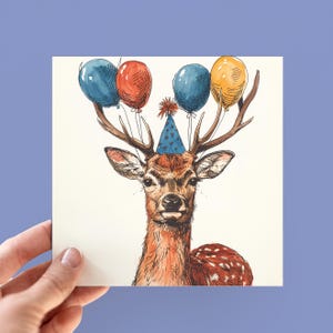 Verjaardagskaarten hert, hert met feestmutsen en ballonnen, geïllustreerd hert met ballon, dierlijke verjaardagskaart voor vriend, gepersonaliseerd bericht