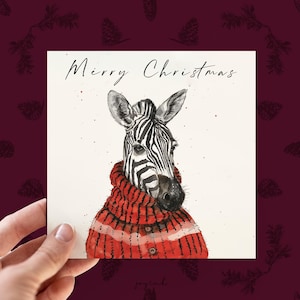 Biglietto di Natale personalizzato con zebra, biglietto per gli amanti della fauna selvatica, biglietto di Natale personalizzato con animali, biglietto con zebra per lui e per lei, maglione rosso con zebra