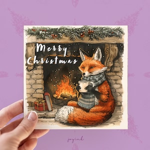 Gepersonaliseerde Fox-kerstkaart, aanpasbare Fox-vakantiewenskaarten voor bosdierenliefhebbers, Fox-kaarten voor hem vader, gezellige open haard