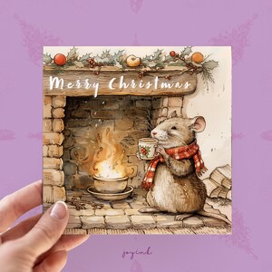 Personalisierte Wasserratten-Weihnachtskarte, anpassbare Feiertagsgrußkarten für Tierliebhaber, Mauskarten für ihn für Papa, gemütlicher Kamin