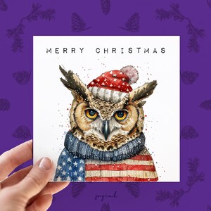 Carte de Noël personnalisée chouette effraie des cloches, cartes de voeux de Noël personnalisables aux États-Unis pour les amoureux des animaux, cartes de chouette pour lui papa amis