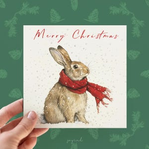 Hase Frohe Weihnachten Karte, Aquarell Tier Weihnachtskarte, personalisierte Weihnachtskarte, benutzerdefinierte Karte für Sie und Ihn, Hase, Kaninchenkarten