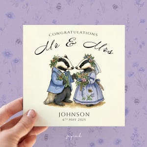 Carte de mariage personnalisée, carte de M. et Mme, nom de famille personnalisé, félicitations aux jeunes mariés le jour de votre mariage ; Cartes d'anniversaire, cadeaux blaireau