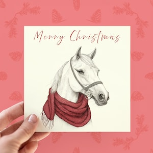 Personalisierte weißes Pferd Weihnachtskarte, anpassbare Weihnachtspferdekarte, Waldtierkarten für ihn, weißes arabisches Pferd Grußkarte